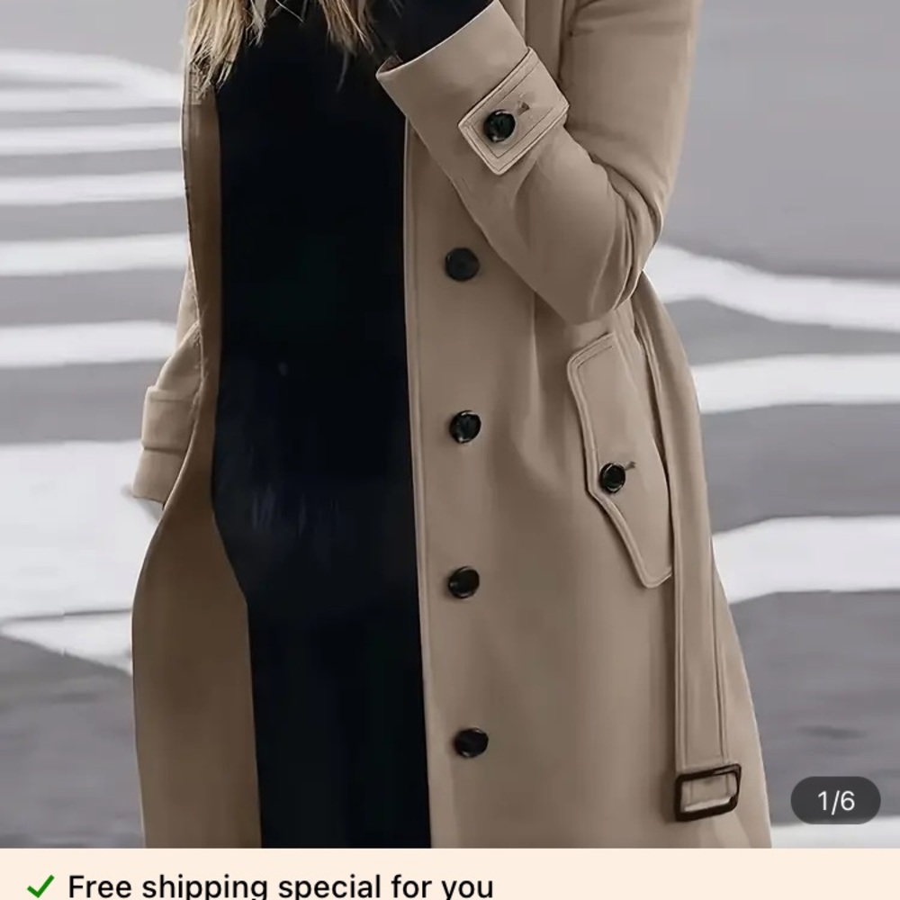 Vintage belted, khaki trench coat with black buttons.
